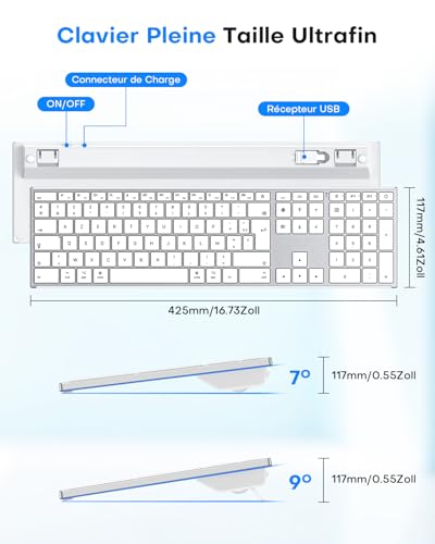 OMOTON Aluminium Wireless Mac Keyboard, 2.4G & Bluetooth (BT1/BT2), AZERTY Backlit Keyboard for Apple Macbook Pro/Air, Mac Mini, iMac, iMac Pro, Silent Rechargeable, Silver