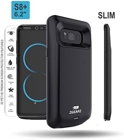 Galaxy S8 PLUS Battery Case + 3D PET HD Premium Screen Protector, ZgearZ 5500mAh Slim External Rechargeable Battery Protective Charging Case. Use it as Extended Power Bank Pack for Samsung S8+