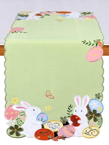 Easter Table Runner Embroidered Long Bunny Sage