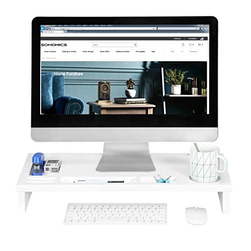 SONGMICS Bamboo Monitor Stand Riser, Ergonomic, Desktop Organizer, 3.3 Inches Height, with Phone, Cup, Keyboard Storage, for Computer, White ULLD201WT