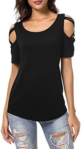 Roaays M Women's Strappy Cold Shoulder Short Sleeve Casual Loose Blouse Tops