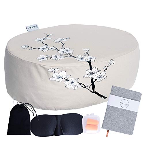 Healing Silence Meditation Yoga Cushion Floor Pillow Set for Adults (18x13x6 in) 100% Cotton Cover, Filled with Buckwheat Hulls + 1 Inch Memory Foam Added for Comfort – Bonus Accessories Included
