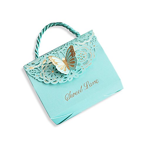 Finex 100 pcs Premium Korean Wedding Design Party Favors Candy Boxes - Light Blue 3D Butterfly Handbag style Hollow Carved Laser Die Cut