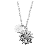 NOUMANDA Antique Silver Sunflower with Initial 26 Letter Necklace Custom A-Z Alphabet Cute Chic Pendant (N)