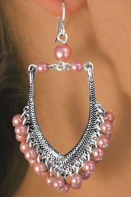 Silver tone V-Drop &amp; Pink Faux Pearl Earrings