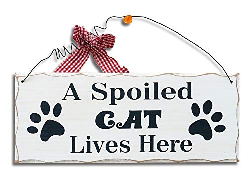 Wood Cat Sign Decor Cat Lover Sign, Hanging Pet Sign for Home Decor, Decorative Plaque Funny Cat Sign with Saying A Spoiled Cat Lives Here, Cat Wall Art Kitten Sign Cat Lover Gift 4X10in