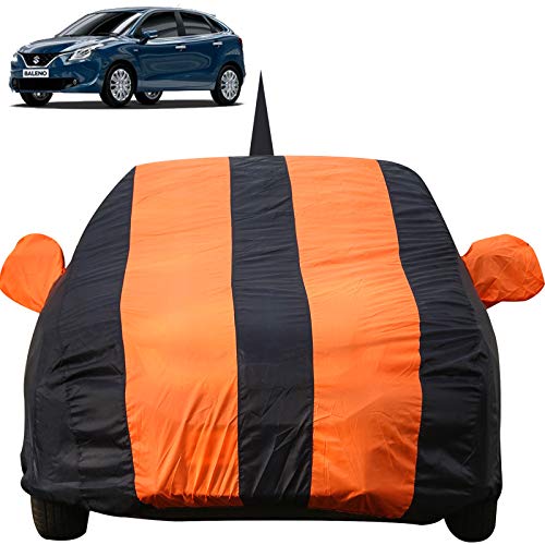 Autofact Car Body Cover for Maruti Baleno (2015 to 2019) with Mirror and Antenna Pocket (Light Weight, Triple Stitched, Heavy Buckle, Bottom Fully Elastic, Orange Stripes with Navy Blue Color)