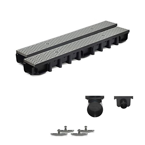 2m Entwässerungsrinne für modulares System A15 98mm, komplett Stegrost Kunststoff, Grau Decor