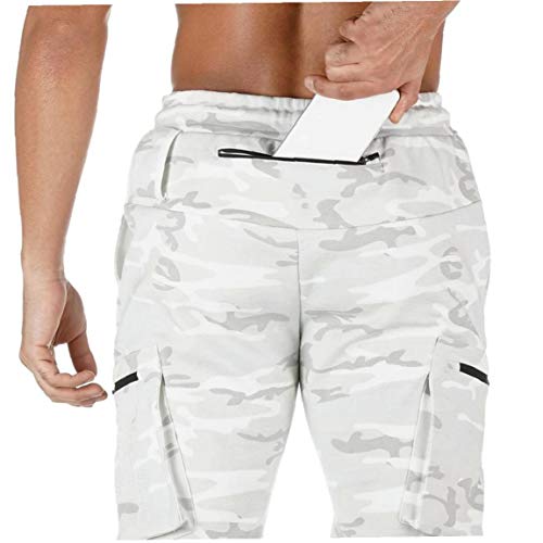 Heren Workout Sport Broek, Atletische Running Jogger Track Broek Casual Joggingbroek met Rits Zakken Wit Camouflage 3XL - Image 6