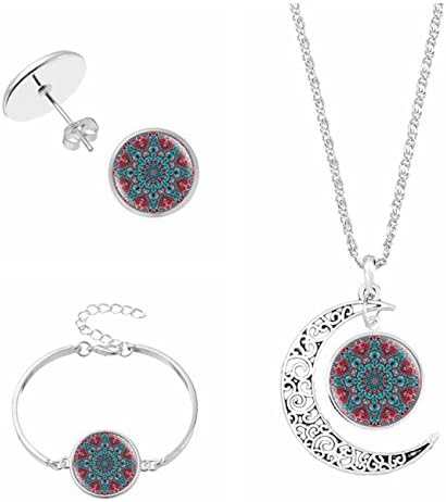 FIONUSUM Mandala Flower Ear Stud Necklace Pendant Bracelet Wristband Set