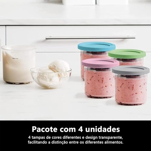 Pacote com 4 Pote para Ninja Creami, Compatível Apenas com Maquina de Sorvete Ninja NC299AMZ e NC300s Series, com 4 Colheres Coloridas e 1 Colher de Sorvete, Livre de BPA e Lavável na Lava-louças
