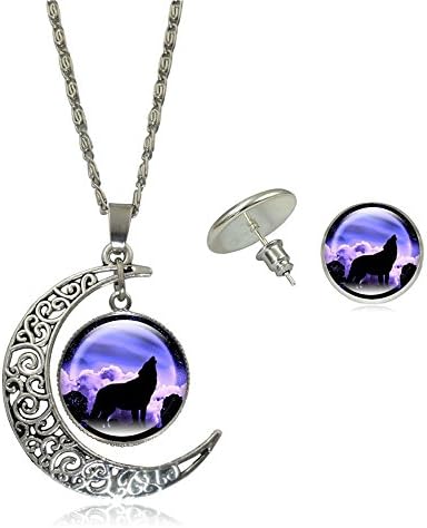 Dreagel Crescent Cosmic Moon Wolf Pattern Pendant Necklace Clavicle Chain Necklaces Stud Earrings Set