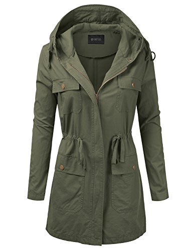 DRESSIS Women's Woven Hooded Cotton Utility Jacket With Drawstring Waist Olive 2XL - Thumbnail 5