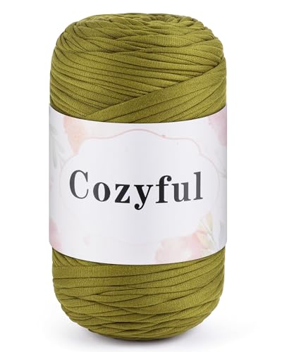 Cozyful Tshirt Yarn, 400g/160yds Elastic Fabric T Shirt Yarn for Crocheting, T-Shirt Crochet Yarns for DIY Knitting, Cloth Spaghetti Thick Yarns for Bag Baskets Cushion Craft Projects (Brown Green)