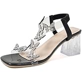 Lymphvity Women's Rhinestone Butterfly Clear Block Heel Sandals Open Toe Elastic Ankle Strap Chunky Heel Dress Shoes Square Toe Heels Party Wedding Sandal Shoes