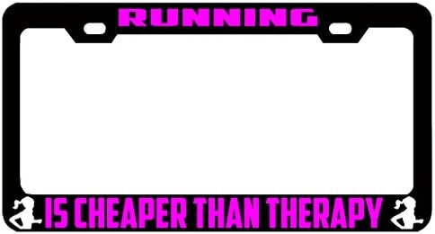 Running Is Cheaper Than Therapy Female Auto License Plate Frame Tag, Weatherproof Vinyl Letters Black Pink