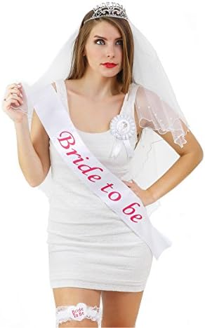 6 piece Bachelorette Party Set, includes Bride To Be rhinestone Tiara, Bride to be Sash, Bride to be Glasses, Double layered bachelorette veil, Bride to be Badge and Free Garter (Satin Sash)
