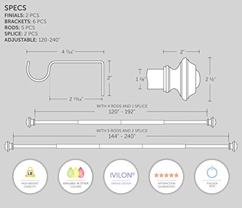 image for Ivilon Drapery Treatment Window Curtain Rod - Square Design 1 1/8 Rod.
