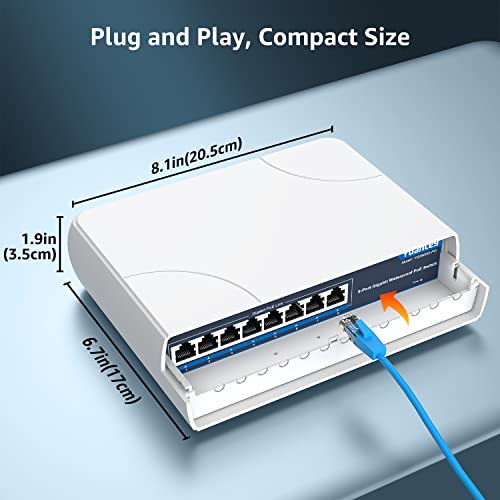 YuanLey Gigabit PoE Switch 8 Ports Ethernet Outdoor Waterproof Unmanaged Network Switch 1000Mbps, Built-in 120W Power, Support IEEE802.3af/at and Plug & Play