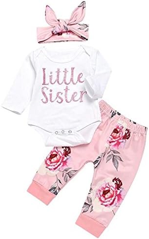 Newborn Baby Girls 3Pcs Outfits Set Little Sister Bodysuit Romper Tops Floral Print Pants with Headband
