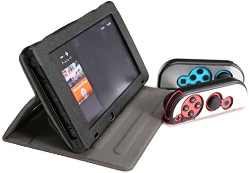 For Nintendo Switch Console, Iusun Premium Leather Floding Stand Protector Cover Case + Controller Metal Case (Black)