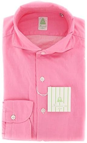 Finamore Napoli Pink Solid Button Down Cutaway Collar Cotton Slim Fit Dress Shirt, Size Medium 16