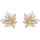 Delicate Maple Leaf Stud Fall Earrings for Women Trendy Statement Shiny Cubic Zirconia Crystal Fall Leaves S925 Sterling Silver Post Pretty Earring Fashion Thanksgiving Autumn Festival Party Jewelry