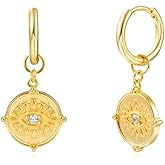 Vintage Evil Eye CZ 18k Gold Huggie Hoop Dangle Drop Earrings Fashion Dainty Sterling Silver Post Round Disc Charm Huggie Hoops Hypoallergenic Trendy Jewelry