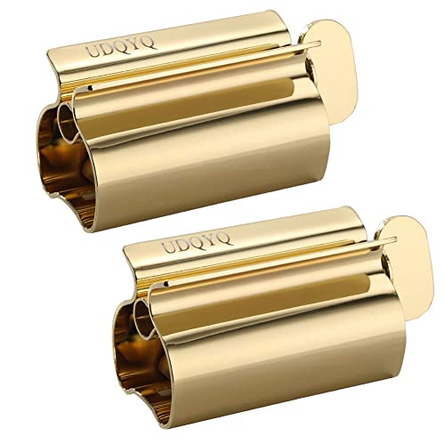 Toothpaste Squeezer - Metal Tube Squeezer Stainless Steel Tube Wringer UDQYQ Toothpaste seat Holder Stand (2 Pack) (Gloss Finish Gold)