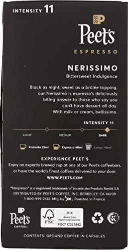 PEET’S COFFEE, DARK ROAST ESPRESSO CAPSULES, COMPATIBLE WITH NESPRESSO ORIGINAL MACHINE, 100% ARABICA COFFEE – NERISSIMO INTENSITY 11, 10 COUNT (1 BOX OF 10 ESPRESSO CAPSULES)