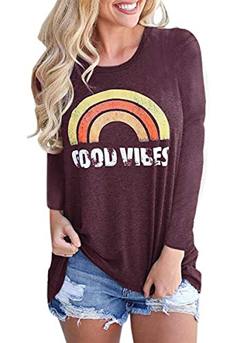 Women's Crew Neck Long Sleeve Casual Graphic Printed Casual Tee Shirts Cute Blouses for Juniors (Burgundy, S)