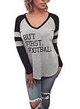 WLLW Women Long Sleeve V Neck But First Football Letter Print Tops Blouse Shirt