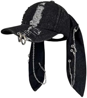 HISYI Y2K Metal Chain Bunny Ear Denim Baseball Distressed Baseball