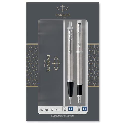 Parker IM Duo Gift Set with Ballpoint Pen & Fountain Pen | Stainless Steel Chrome Trim | Blue Ink Refill & Cartridge | Gift Packaging