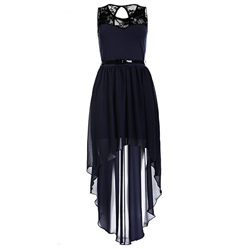 Oops Outlet Women's Asymmetric Dip Hem Lace Chiffon Belted Midi Dress Oops Outlet Women's Asymmetric Dip Hem Lace Chiffon Belted Midi Dress