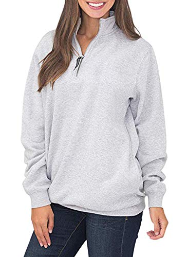 Diukia Women's Long Sleeves Collar Quarter 1/4 Zip Solid Hoodies Fleece Pullover Sweatshirts with Pockets(S-2XL) Gray