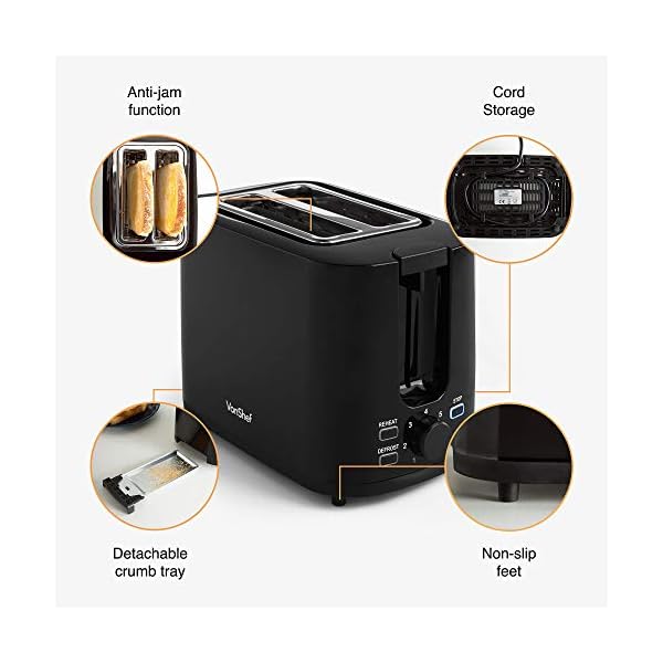 VonShef-Black-Toaster-Compact-2-Slice-Toaster-with-Browning-Control-Defrost-Reheat-Function-Removable-Crumb-Tray-Cord-Storage-Non-Slip-Feet-Portable-Easy-to-Use-with-7-Toasting-Levels-900W VonShef Black Toaster - Compact 2 Slice Toaster with Browning Control, Defrost & Reheat Function Removable Crumb Tray…