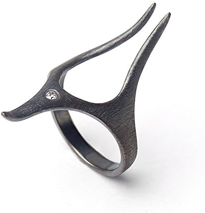 Black Oxidized Sterling Silver, White Cubic Zirconia CZ, Anubis Egyptian Unisex Ring, Size 4 to 13
