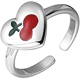 Izpack Fashion Heart Cherry Adjustable Statement Ring for Women Enamel Fruit Love Heart Open Stacking Finger Bands Eternity Friendship Rings Minimalist Jewelry Gifts Valentine's Day