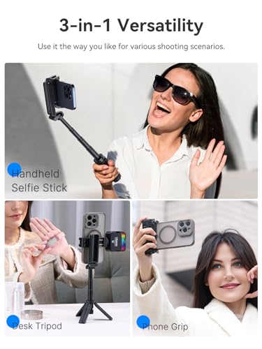 ULANZI JJ02 Bluetooth Selfie Stick, 3 in 1 Mini Extendable Tripod Stand for Mobile Phone, Smartphone Capgrip with Remote Control, 2 Cold Shoe for iPhone/Samsung/Android Smartphone