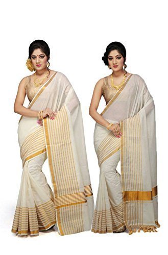 selvamani tex cotton kerala kasavu zari saree with blouse pack of 2