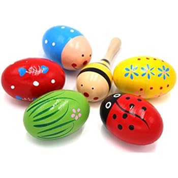 SPADORIVE Set of 6 - 5PCS Adorable Wooden Egg Maracas Colorful Music Percussion Baby Children Kids Toy Egg Shakers(Assorted Color) & 1 PCS Mini Wooden Ball Musical Instruments Maracas(Random Color)