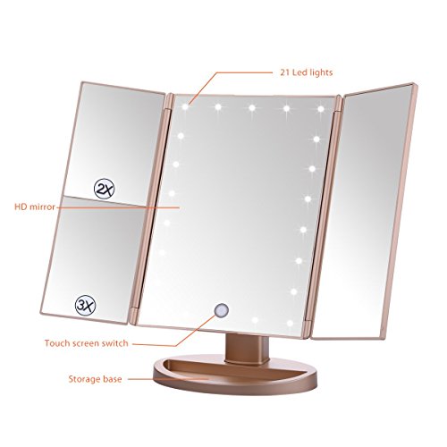Lighted Makeup Mirror EMOCCI Tri-Fold Vanity Mirrors With 3X 2X 1 Magnification,USB Charging 180 Degree Free Rotation Mirror For Women Girls Cosmetic Make Up Bathroom Countertop Use (Gold)