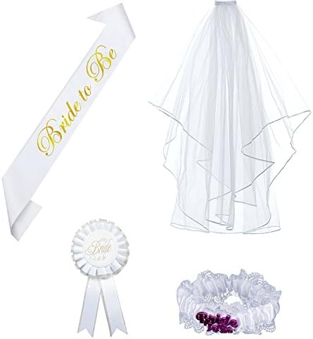 4 Pieces Bride to be Decoration Set for Bachelorette Party Supply Including Bride To Be Satin Sash, White Double Ribbon Edge Center Cascade Bridal Wedding Veil with Comb,Rosette Badge and Garter