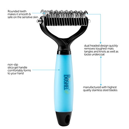 Dematting Dog Comb By Boshel - Pet Grooming Comb Gently Removes Loose Undercoat, Mats, Tangles and Knots for Dogs and Cats Of All Sizes - Double-sided comb - Sharp Yet Safe Rounded Blades.