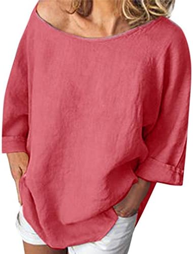 Linen Shirts for Women Casual Tronet Womens Casual O-Neck 3/4 Sleeve Solid Linen T-Shirt Loose Pullover Top Blouse