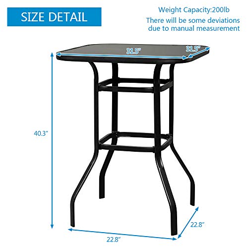 VINGLI Outdoor Bar Table Metal Black Patio Bar Table, Tempered Glass