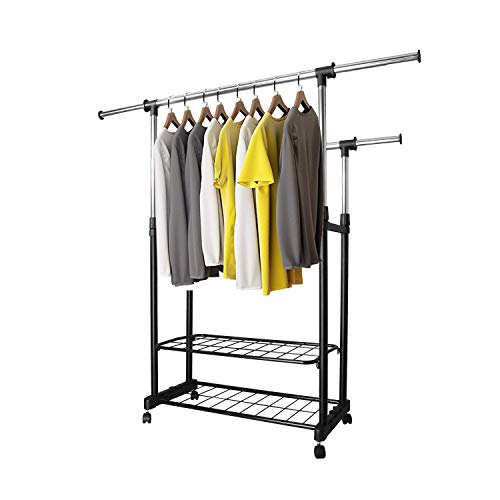 PowCube Adjustable Garment Rolling Double Rods Collapsible Clothing Rack with 2 Shelves, Large, Black