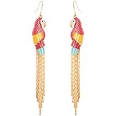 Cute Parrot Dangle Hook Earrings for Women Enamel Bird Animal Long Chain Tassel Drop Fake Huggie Hoops Earring Fashion Jewelry Gifts Birthday