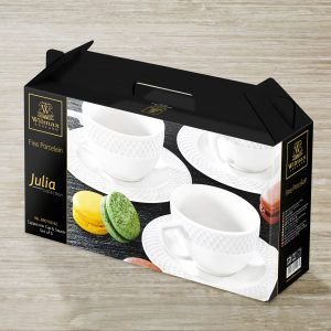 Wilmax WL-880106, 6 oz. Julia Collection White Porcelain Cappuccino Cups & Saucers, Classic European Bone China Coffee/Tea Cups with Saucers, Gift Box Set of 12 (6 cups + 6 saucers)